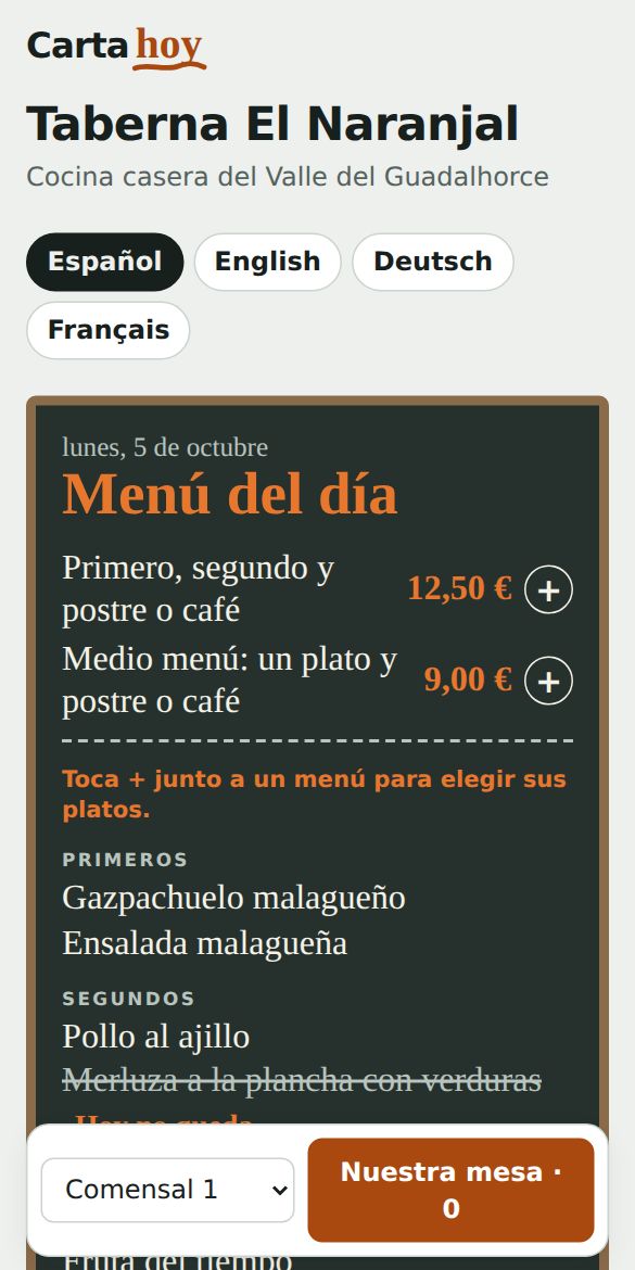 La carta del cliente en un móvil: menú del día en una pizarra, con el plato agotado tachado
